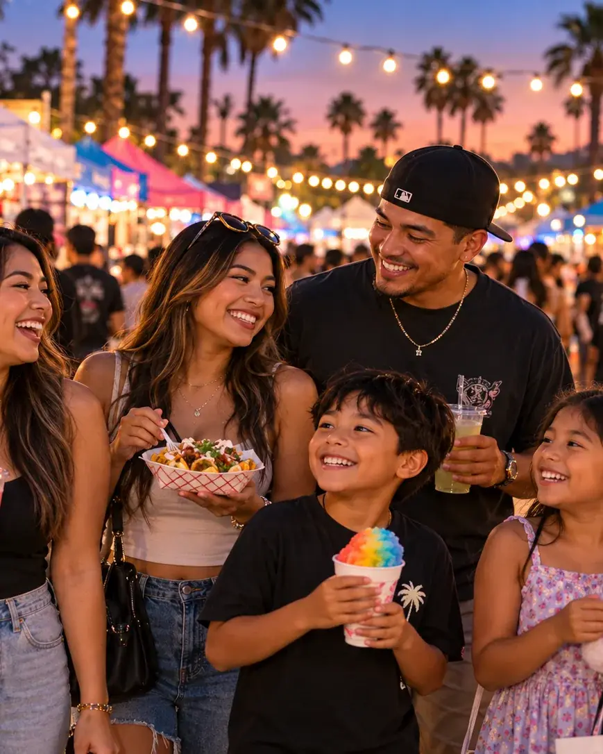 Smiling friends enjoying drinks at the night market
