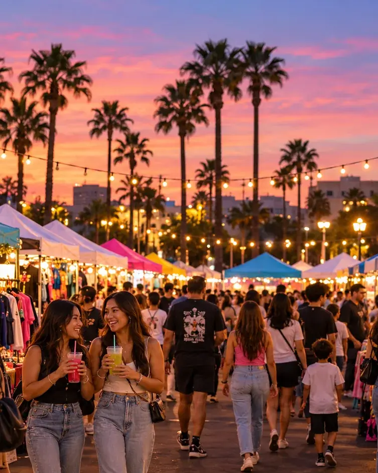 Shoppers walking under warm string lights between market tents