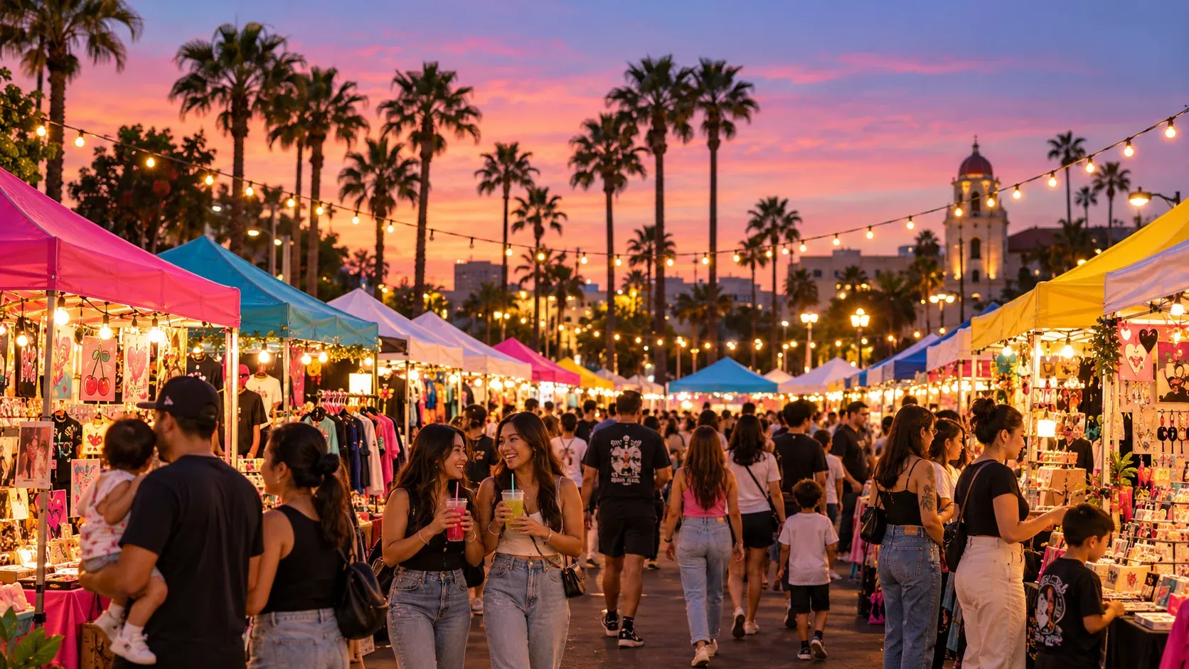 Candid people browsing a colorful outdoor market beneath string lights at dusk