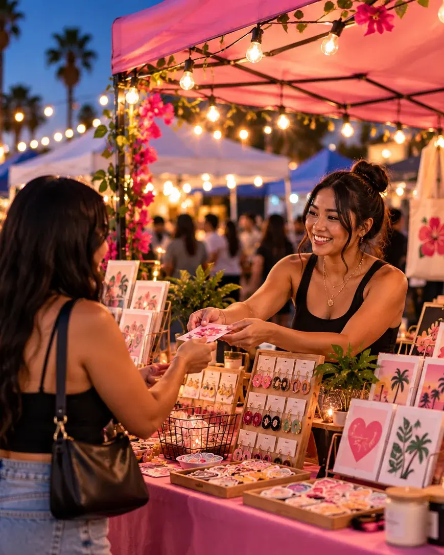 Vendor handing a handmade item to a customer