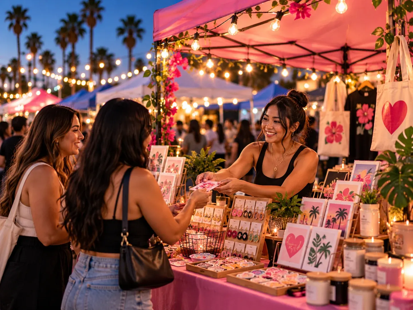 Vendor greeting customers at a booth with handmade crafts and accessories