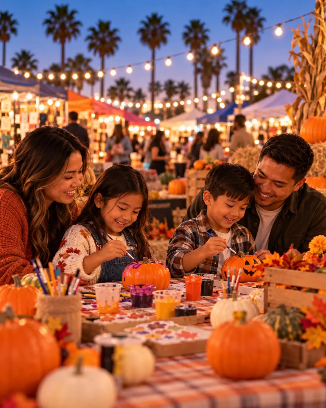 Family painting pumpkins together at a fall night market table surrounded by pumpkins and string lights (placeholder image)