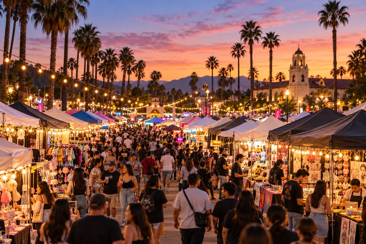 Rows of vendor tents glowing under a twilight sky