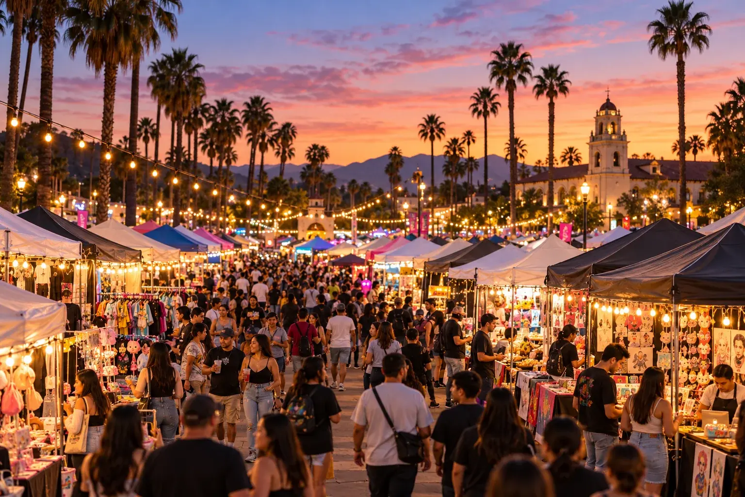 Busy outdoor night market with colorful tents after sunset